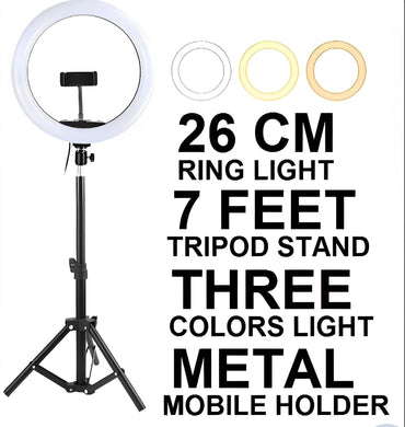 26cm Led Ring Light With Mobile Holder, 7ft Tripod Stand, 3 Light Colors