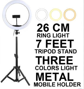 26cm Led Ring Light With Mobile Holder, 7ft Tripod Stand, 3 Light Colors