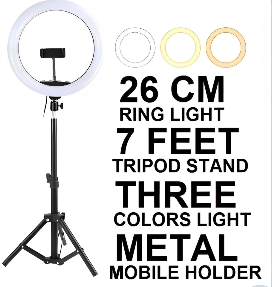 26cm Led Ring Light With Mobile Holder, 7ft Tripod Stand, 3 Light Colors