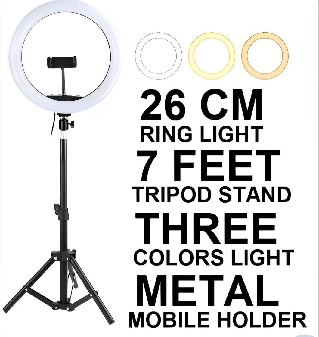 26cm Led Ring Light With Mobile Holder, 7ft Tripod Stand, 3 Light Colors