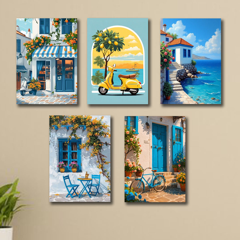 Set Of 5 Italian Vintage Homes Art Themed Wall Art